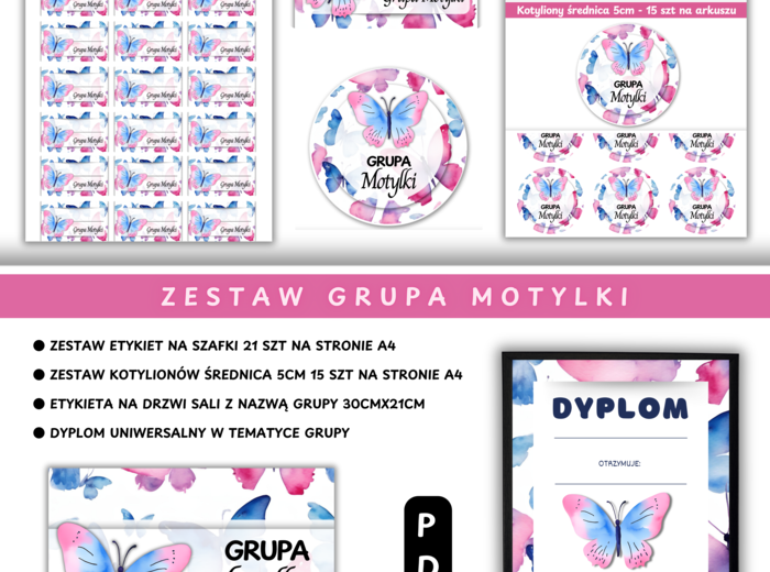 Zestaw Etykiety, Medaliony, Dyplom, Naklejka z nazwą grupy - Dla Grupy Motylki