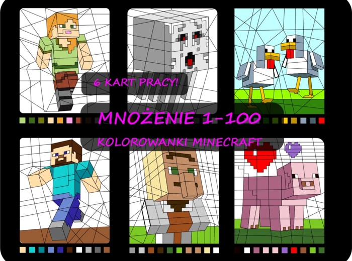 Kolorowanka matematyczna Minecraft, tabliczka mnożenia, mnożenie liczb dwucyfrowych 1-100, kolorowanie po wynikach mnożenia, dzień tabliczki mnożenia
