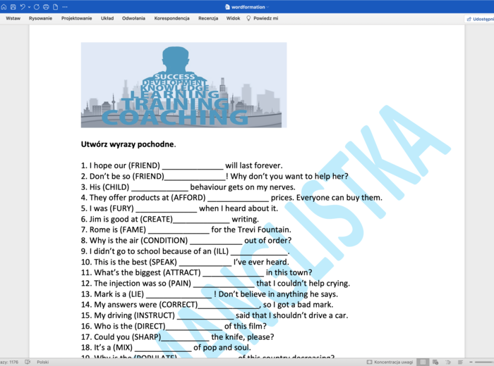 Słowotwórstwo - angielski matura rozszerzona - 100 zdań+ KLUCZ