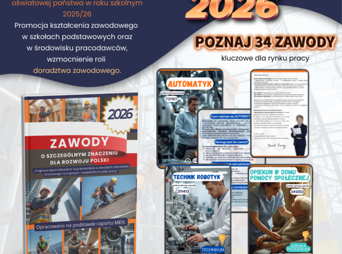 34 zawody kluczowe dla rynku pracy 2026 – POZNAJ , POMYŚL, ZDECYDUJ!