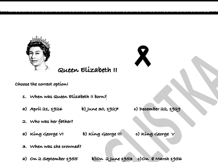 Królowa Elżbieta II- Queen Elizabeth II- QUIZ+ KLUCZ