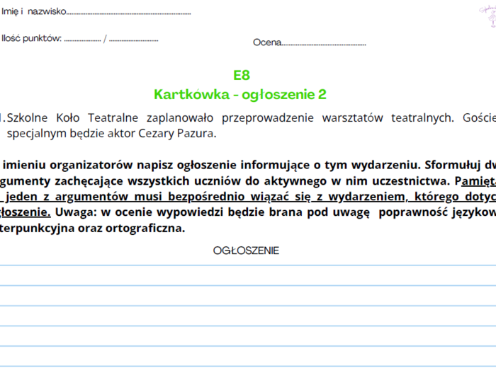 Ogłoszenie nr 2 - kartkówka, egzamin ósmoklasisty,
