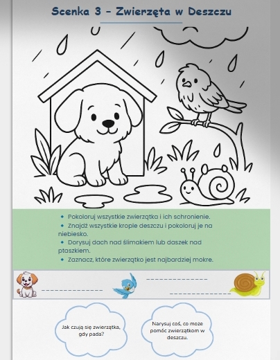 Karty pracy z kolorowaniem scenek z deszczową pogodą