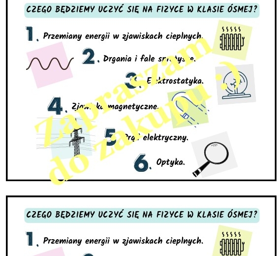 Czego będziemy uczyć się na fizyce w klasie ósmej - wklejka do zeszytu.