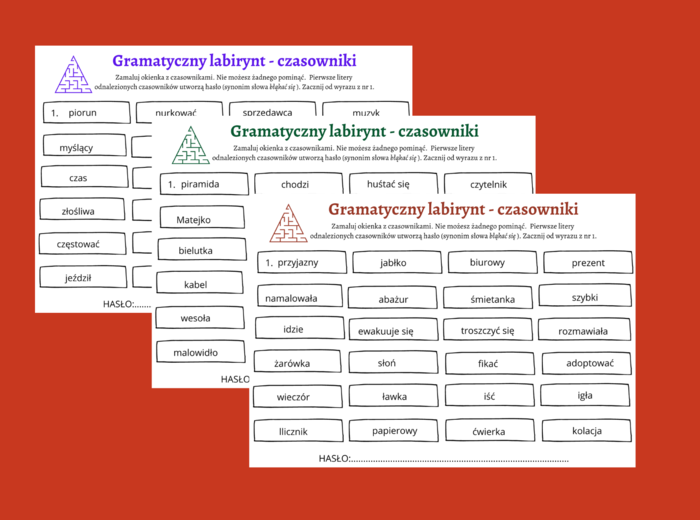 Gramatyczny labirynt - CZASOWNIKI - czasownik - części mowy - karta pracy - kl.4-5