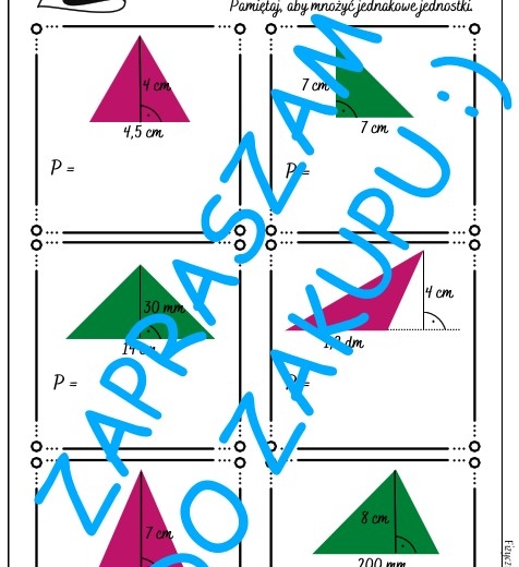 Karta pracy, kartkówka - obliczanie pól trójkątów.