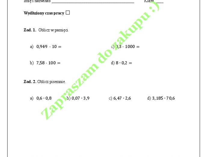 Mnożenie ułamków dziesiętnych - kartkówka.