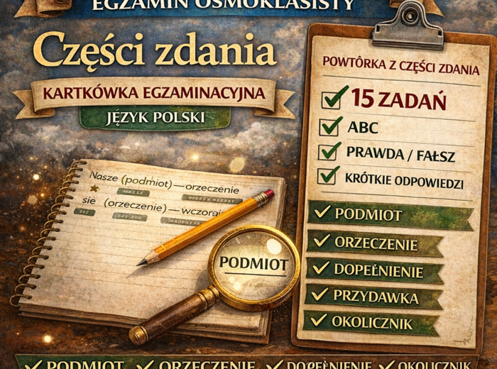 ✏️ Części zdania – kartkówka egzaminacyjna | powtórka przed egzaminem ósmoklasisty (15 zadań)