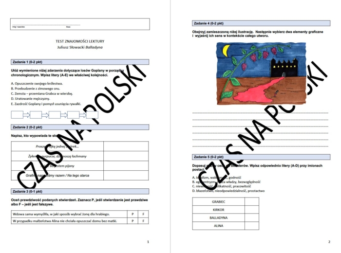 "Balladyna" - test znajomości lektury + wypracowanie