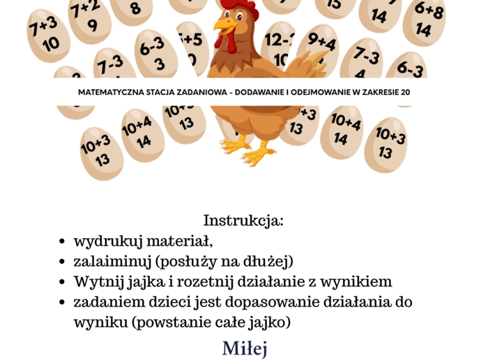 "Jajko i kura" matematyczna stacja zadaniowa - dodawanie i odejmowanie w granicach 20.