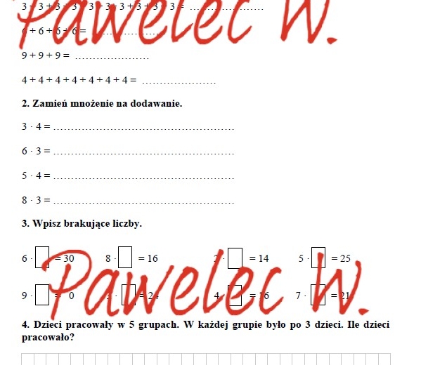 Mnożenie w zakresie 30 - karta pracy, kl. 2, 3