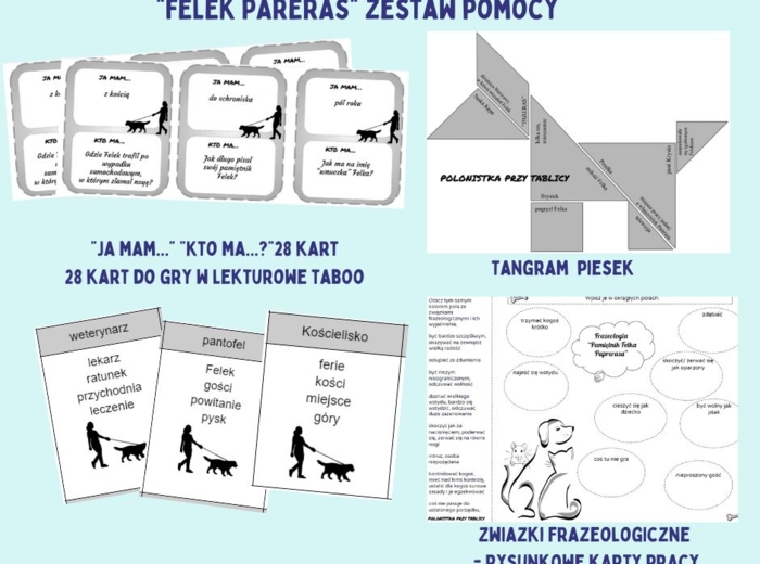 Zestaw pomocy "Pamiętnik Felka Parerasa" gra "Ja mam...", taboo, tangram, rysunkowa karat ze związkami frazeologicznymi