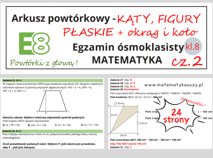 ARKUSZ POWTÓRKOWY kl.8 – KĄTY, FIGURY PŁASKIE, KOŁO i OKRĄG cz.2 + odpowiedzi / Wymagania od 2025 roku