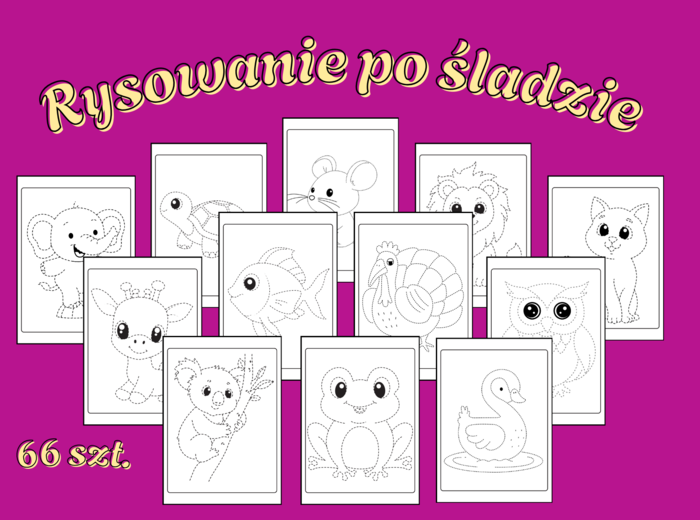 66 kolorowanek – rysowanie po śladzie - grafomotoryka ze zwierzątkami - kolorowanki - Dzień Zwierząt