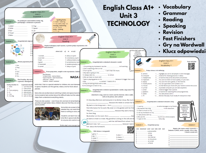 📱 English Class A1+ - Unit 3 - TECHNOLOGY FOR ALL - Zestaw kart pracy