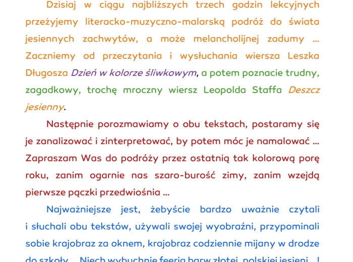 Jesień w wierszach: Leszka Długosza "Dzień w kolorze śliwkowym" i Leopolda Staffa "Deszcz jesienny".
