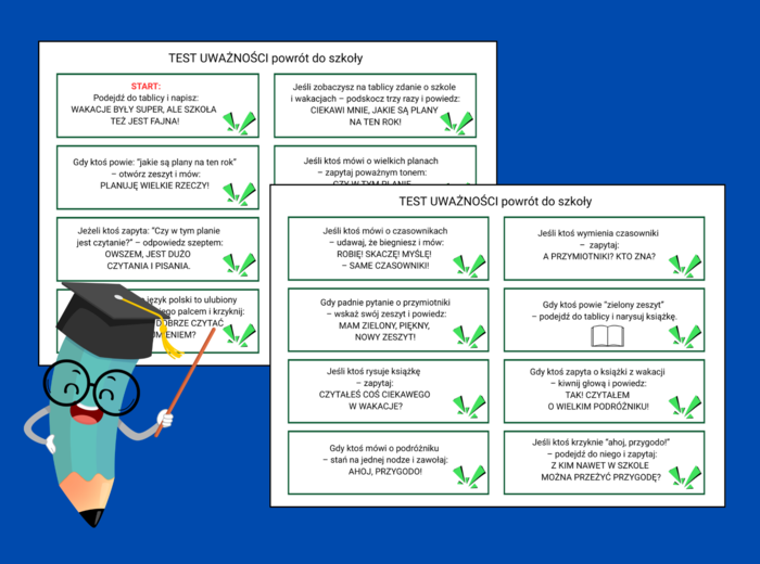 Powrót do szkoły - TEST NA UWAŻNOŚĆ – 30 karteczek do zabawy klasowej - język polski - zajęcia z wychowawcą - klasy 4-6