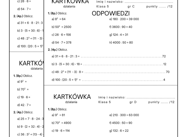 Kartkówka - działania. Klasa 5