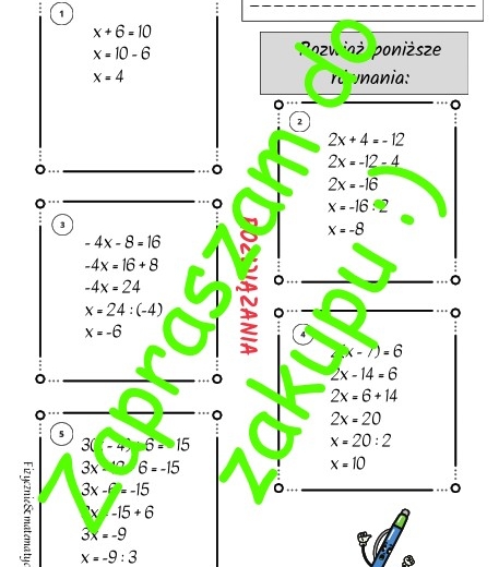 Równania pierwszego stopnia z jedną niewiadomą - karta pracy lub kartkówka z rozwiązaniami.