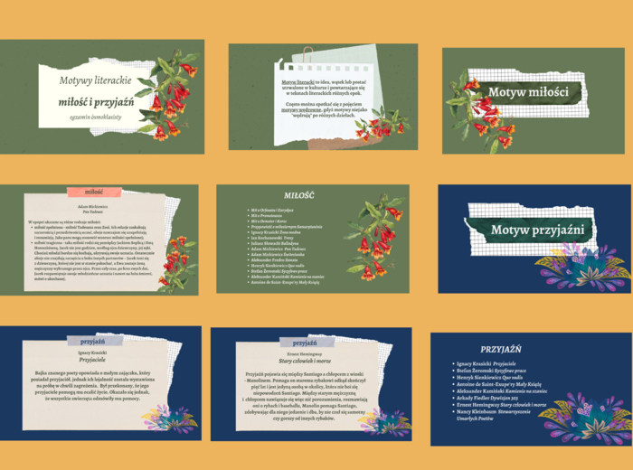 MOTYWY LITERACKIE – miłość i przyjaźń – prezentacja – 29 slajdów – lektury kl.7-8 i nie tylko – egzamin – powtórzenie