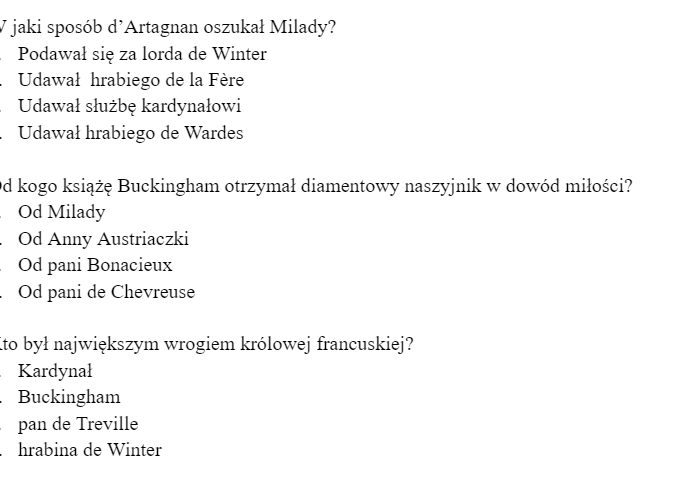 Trzej muszkieterowie - kartkówka z treści lektury