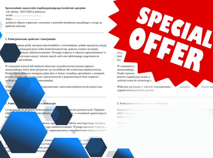 Sprawozdanie Nauczyciela Współorganizującego Kształcenie Specjalne/Wspomagającego Szkoła Podstawowa/Przedszkole