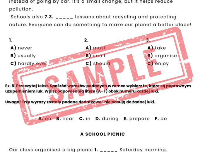 Egzamin 8-klasisty – Język Angielski | Zestaw zadań egzaminacyjnych: reakcje, dialogi, czytanie, tłumaczenia, e-mail + klucz odpowiedzi