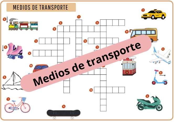 Krzyżówka obrazkowa „Medios de transporte” (środki transportu) – z odpowiedziami