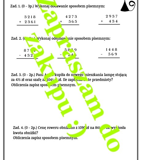 Dodawanie i odejmowanie pisemne - kartkówka lub karta pracy.