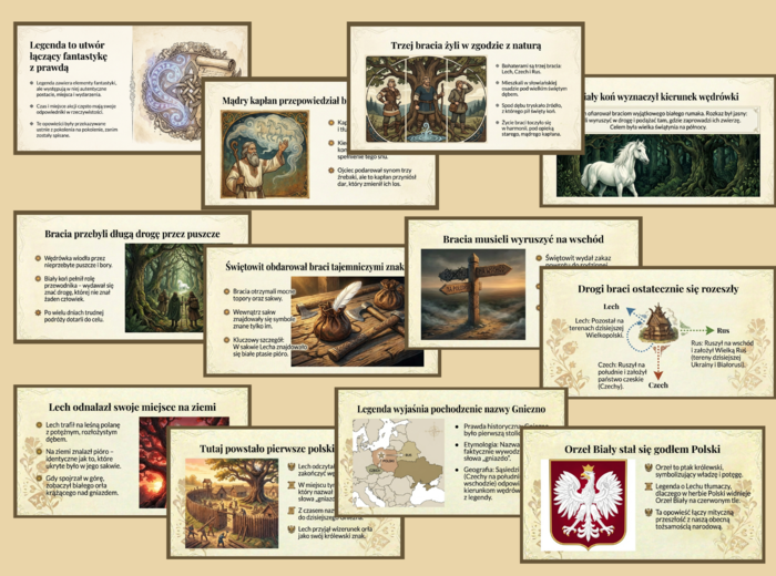 🦅LEGENDA O LECHU, CZECHU I RUSIE - legendy - prezentacja 12 slajdów + tekst legendy
