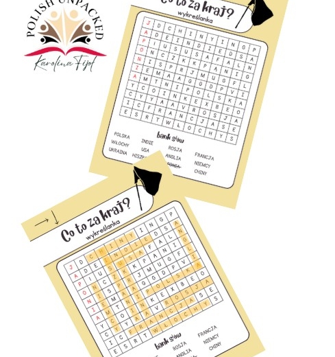 Wykreślanka "Co to za kraj?", język polski jako obcy A1, edukacja wczesnoszkolna