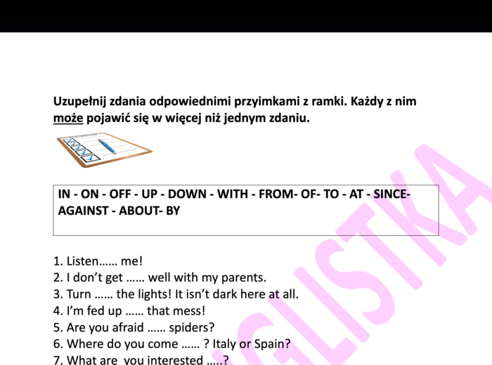 Przyimki- dobieranie z ramki+ KLUCZ- egzamin ósmoklasisty