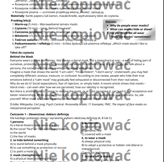 Karta pracy z czytanką "The Secret Behind the Mask" słownictwo: emocje i osobowość B1