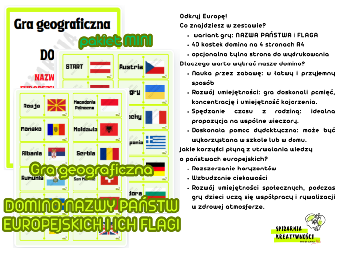 Gra geograficzna DOMINO NAZWY PAŃSTW EUROPEJSKICH I ICH FLAGI pakiet MINI