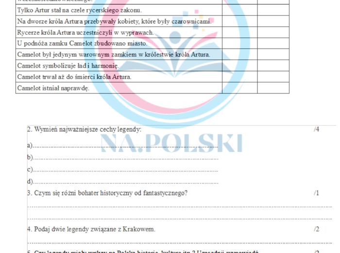Sprawdzian z legend - kl.6