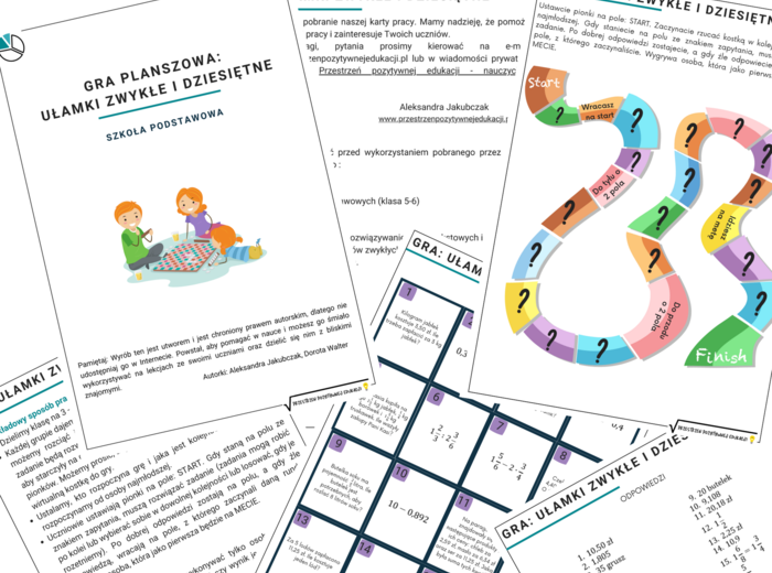 Gra planszowa z ułamkami (zwykłe i dziesiętne) dla klasy 5 i 6