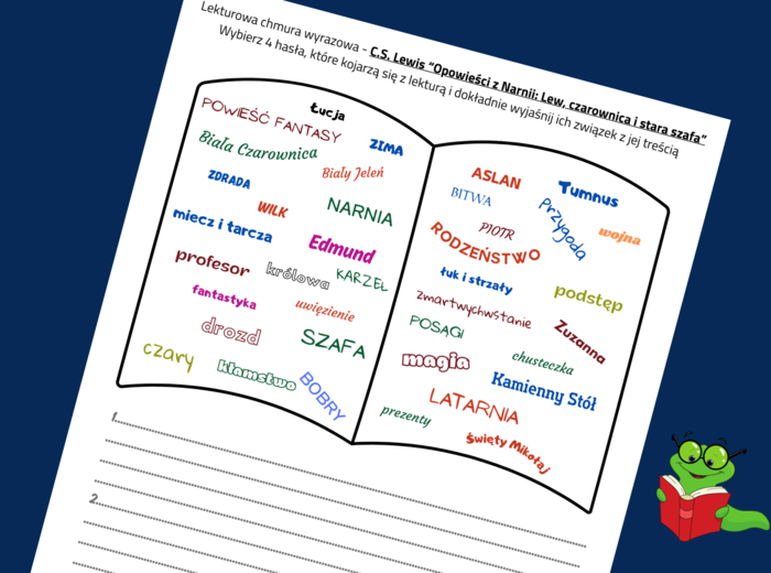 Lekturowa chmura wyrazowa - OPOWIEŚCI Z NARNII. LEW, CZAROWNICA I STARA SZAFA – lektury obowiązkowe – chmura - karta pracy – EGZAMIN – powtórka