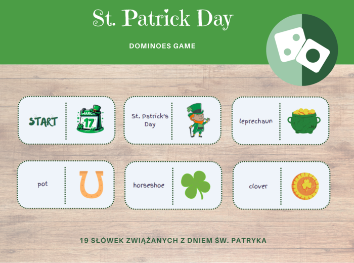 Saint Patrick's Day Dominoes - Domino na Dzień Świętego Patryka - język angielski - 19 słówek