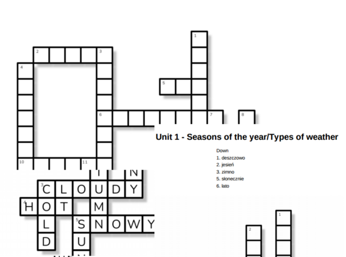 Bugs Team 2 – Unit 1 – krzyżówki – Clothes/Seasons of the year_Types of weather