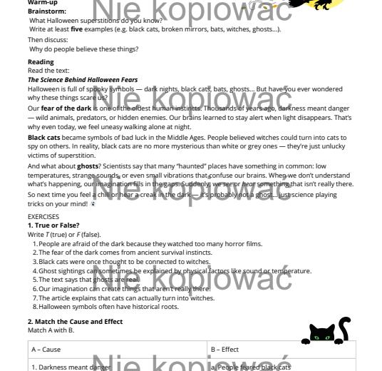 Karta pracy z czytanką "Halloween Myths Debunked" B1