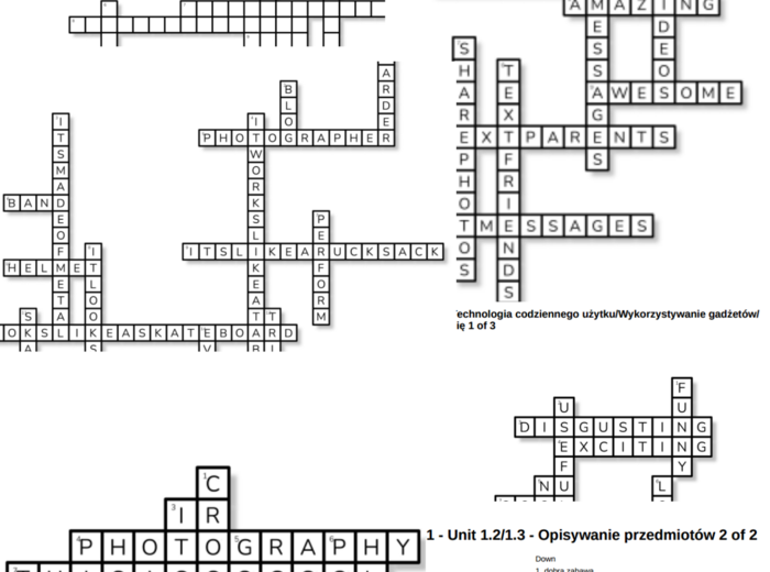 English Class B1 – Unit 1 – krzyżówki – Technologia codziennego użytku_Wykorzystywanie gadżetów_Przymiotniki wyrażające opinię/Opisywanie przedmiotów/Out of class/1.7