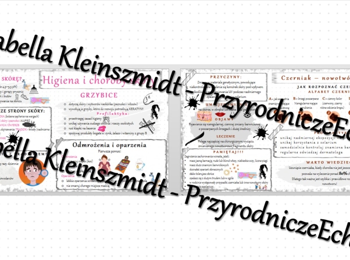 Sketchnotka - notatka „Higiena i choroby skóry” wykonana w power point do edycji. Biologia 7; „Organizm człowieka. Skóra”