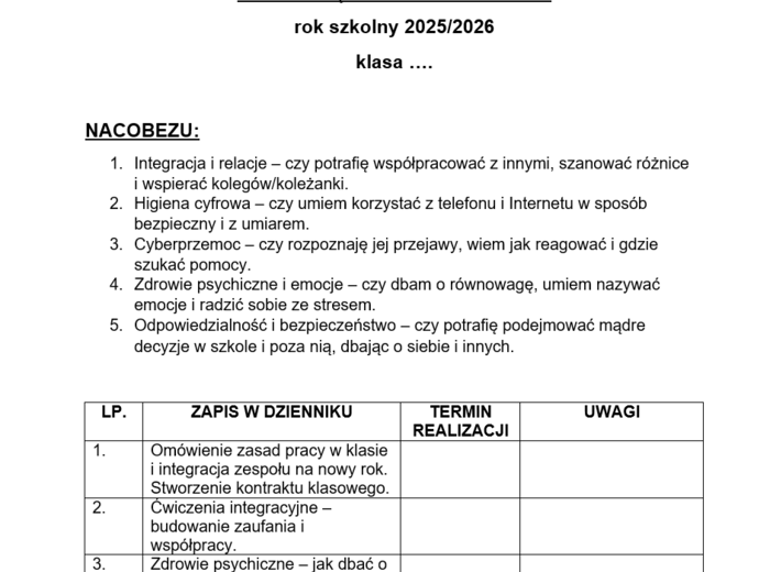 Plan wychowawczy / plan pracy wychowawcy