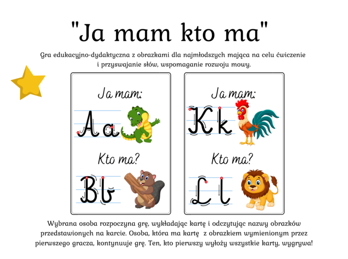 Gra dydaktyczna "Ja mam kto ma" ?️Alfabet - wersja pisana - (kolorowa) - 24 karty 5 zł (Od A do Z)
