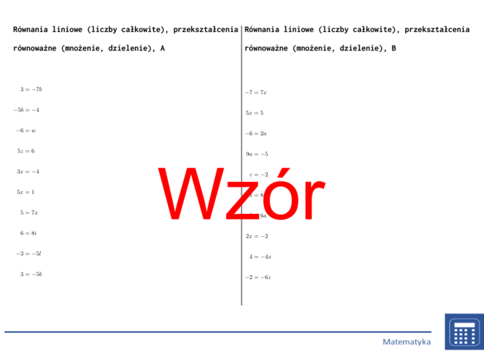 Równania liniowe (liczby całkowite), przekształcenia równoważne (mnożenie, dzielenie) | matematyka, algebra | 26 kolumn