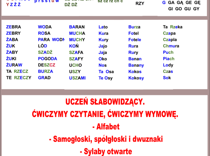 UCZEŃ SŁABOWIDZĄCY. ĆWICZYMY CZYTANIE, ĆWICZYMY WYMOWĘ. Alfabet. Samogłoski, spółgłoski i dwuznaki. Sylaby otwarte. Czytamy różne wyrazy