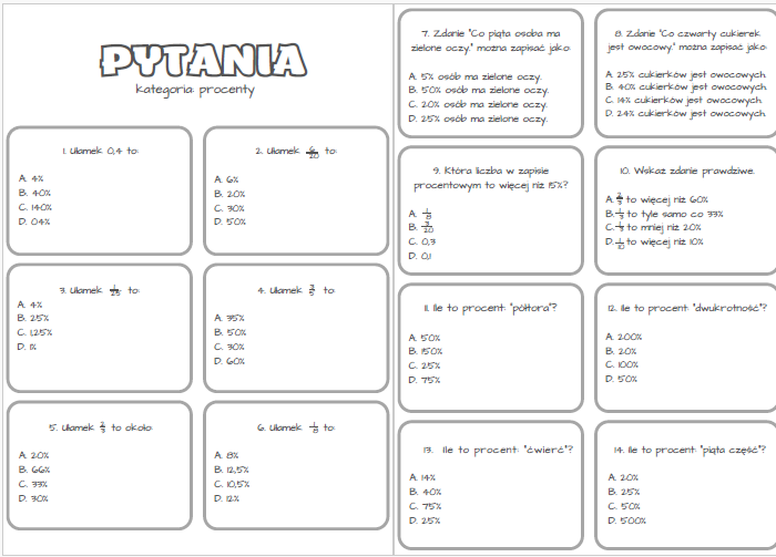 A-Z quiz procenty - powtórzenie wiadomości klasy 6, 7, 8