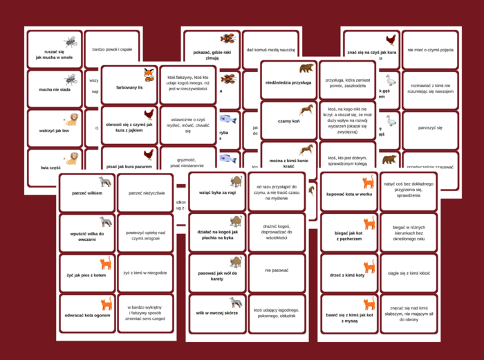 ZWIĄZKI FRAZEOLOGICZNE O ZWIERZĘTACH – fiszki – kl. 4-8 – egzamin – powtórzenie- ćwiczenia