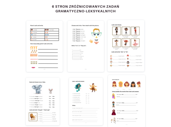 Karta Pracy, Części ciała, Body Parts, Liczba mnoga i Zaimki He/ She oraz zworty has got/ hasn't got/ Has ... got ?