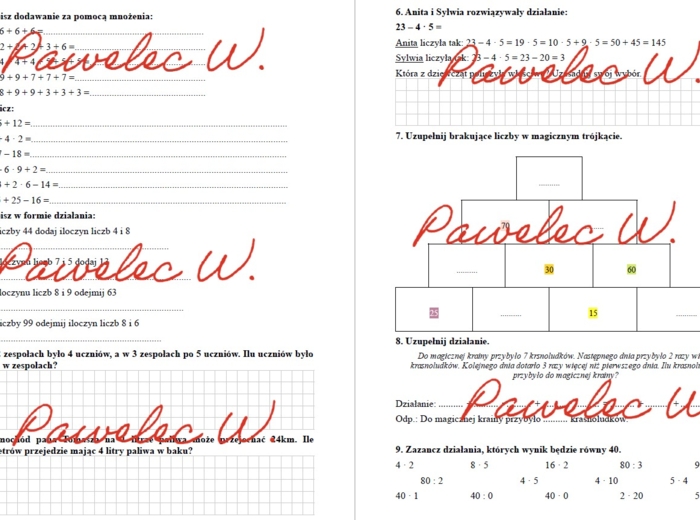 Dodawanie i mnożenie - sprawdzian, karta pracy, kl. 3, 4